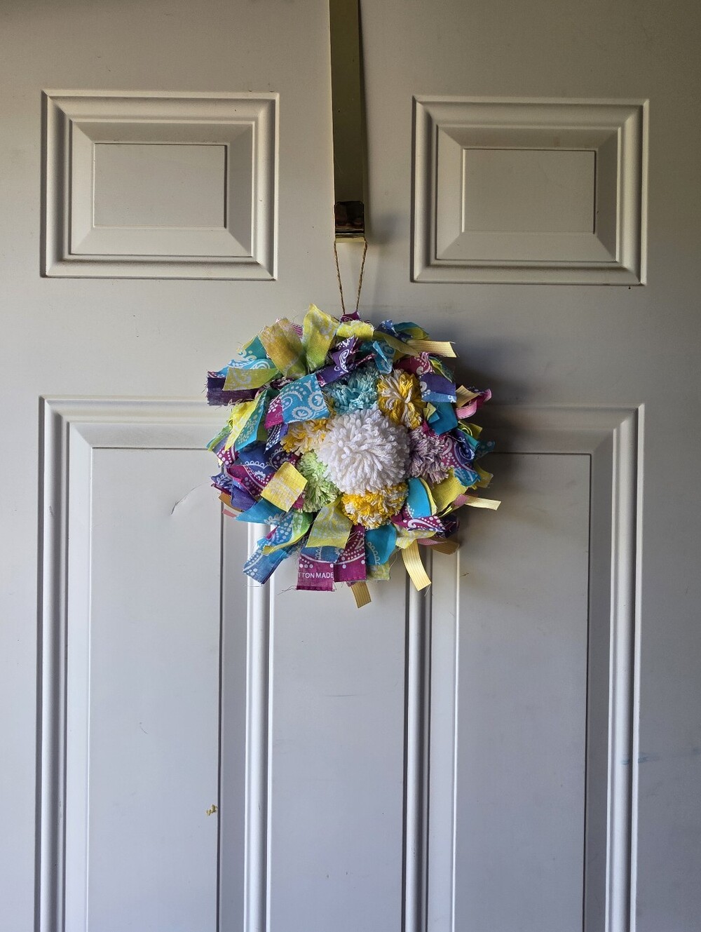 Colorful Handmade Rag and Pom Pom Wreath